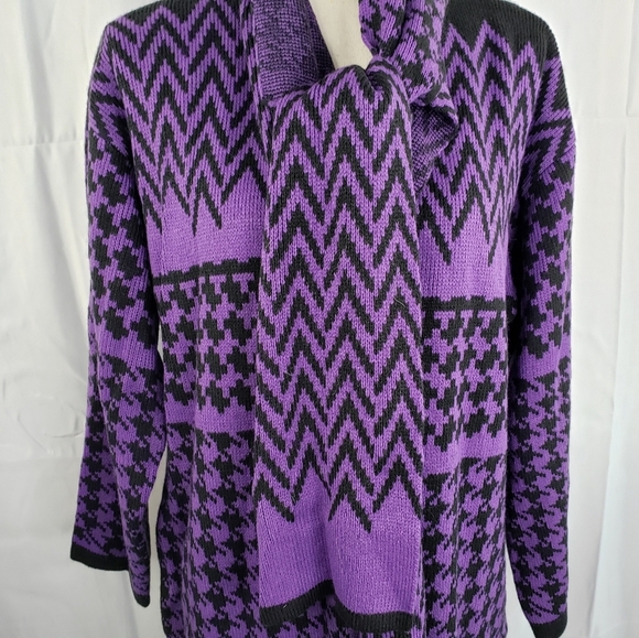 Anthony's Original Purple & Black  Midi One Button Built In Scarf Sweater Sz M - Picture 3 of 12